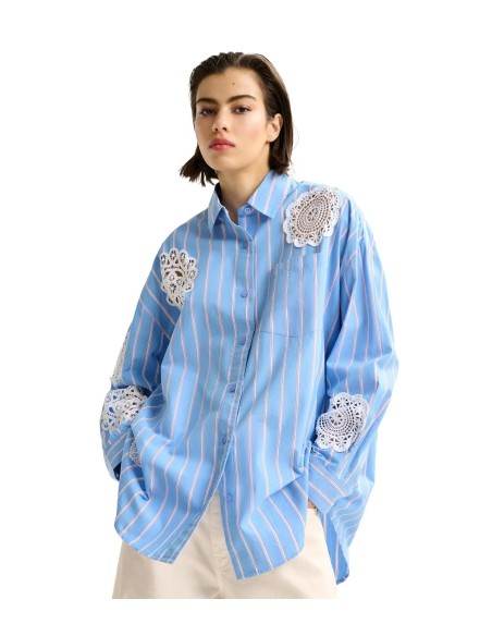 Essentiel Antwerp - Camisa a Rayas Oversize con Patchwork de Encaje