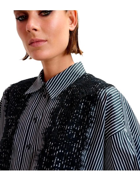 Essentiel Antwerp - Camisa Oversize De Rayas Con Ribete De Encaje